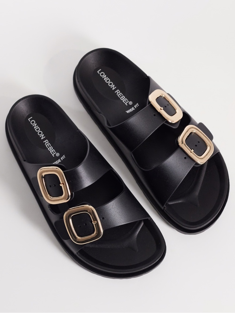 London Rebel Black Double-Buckle Slide Sandals with Gold Accents